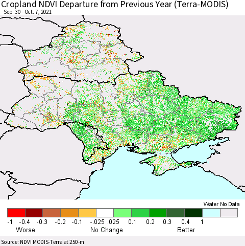 Ukraine, Moldova and Belarus Cropland NDVI Departure from Previous Year (Terra-MODIS) Thematic Map For 9/30/2021 - 10/7/2021