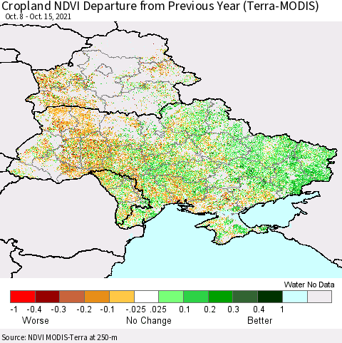 Ukraine, Moldova and Belarus Cropland NDVI Departure from Previous Year (Terra-MODIS) Thematic Map For 10/8/2021 - 10/15/2021