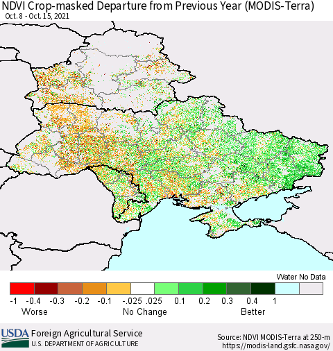 Ukraine, Moldova and Belarus Cropland NDVI Departure from Previous Year (Terra-MODIS) Thematic Map For 10/11/2021 - 10/20/2021