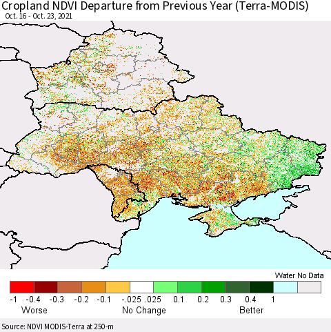 Ukraine, Moldova and Belarus Cropland NDVI Departure from Previous Year (Terra-MODIS) Thematic Map For 10/16/2021 - 10/23/2021