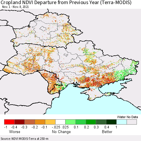 Ukraine, Moldova and Belarus Cropland NDVI Departure from Previous Year (Terra-MODIS) Thematic Map For 11/1/2021 - 11/8/2021
