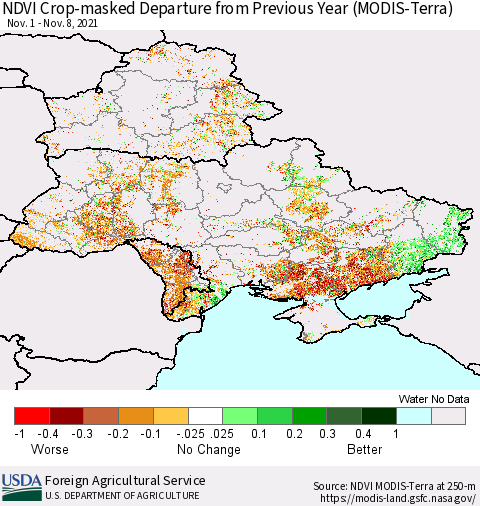 Ukraine, Moldova and Belarus Cropland NDVI Departure from Previous Year (Terra-MODIS) Thematic Map For 11/1/2021 - 11/10/2021