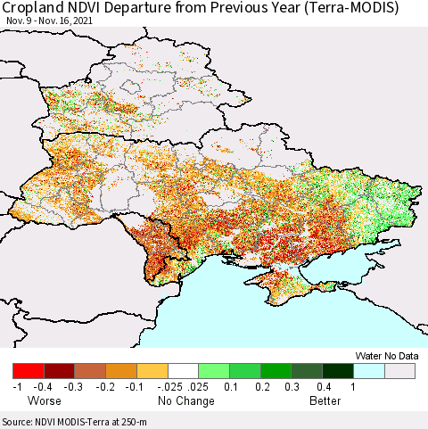 Ukraine, Moldova and Belarus Cropland NDVI Departure from Previous Year (Terra-MODIS) Thematic Map For 11/9/2021 - 11/16/2021
