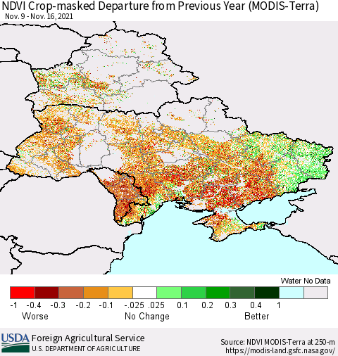 Ukraine, Moldova and Belarus Cropland NDVI Departure from Previous Year (Terra-MODIS) Thematic Map For 11/11/2021 - 11/20/2021