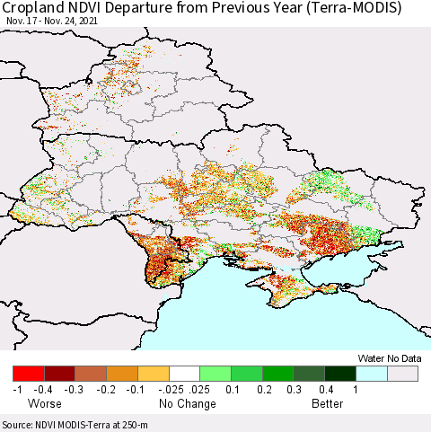 Ukraine, Moldova and Belarus Cropland NDVI Departure from Previous Year (Terra-MODIS) Thematic Map For 11/17/2021 - 11/24/2021