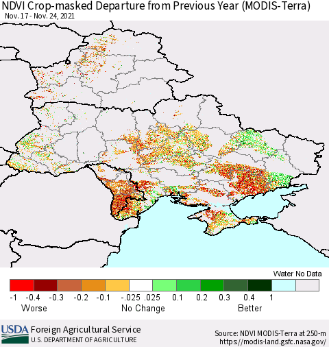Ukraine, Moldova and Belarus Cropland NDVI Departure from Previous Year (Terra-MODIS) Thematic Map For 11/21/2021 - 11/30/2021
