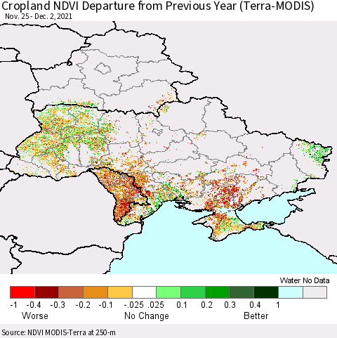 Ukraine, Moldova and Belarus Cropland NDVI Departure from Previous Year (Terra-MODIS) Thematic Map For 11/25/2021 - 12/2/2021