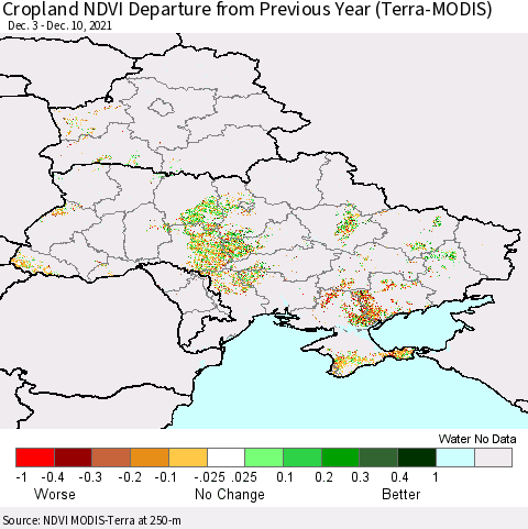 Ukraine, Moldova and Belarus Cropland NDVI Departure from Previous Year (Terra-MODIS) Thematic Map For 12/1/2021 - 12/10/2021