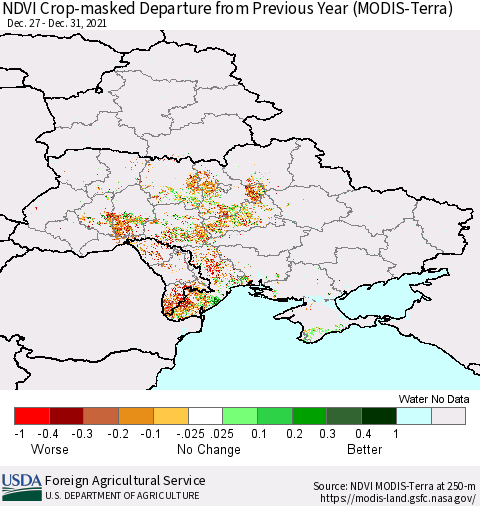 Ukraine, Moldova and Belarus Cropland NDVI Departure from Previous Year (Terra-MODIS) Thematic Map For 12/21/2021 - 12/31/2021