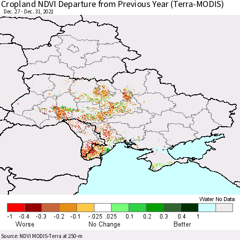 Ukraine, Moldova and Belarus Cropland NDVI Departure from Previous Year (Terra-MODIS) Thematic Map For 12/26/2021 - 1/2/2022