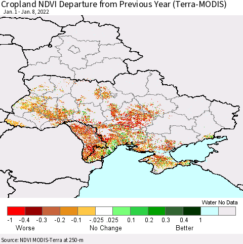 Ukraine, Moldova and Belarus Cropland NDVI Departure from Previous Year (Terra-MODIS) Thematic Map For 1/1/2022 - 1/8/2022