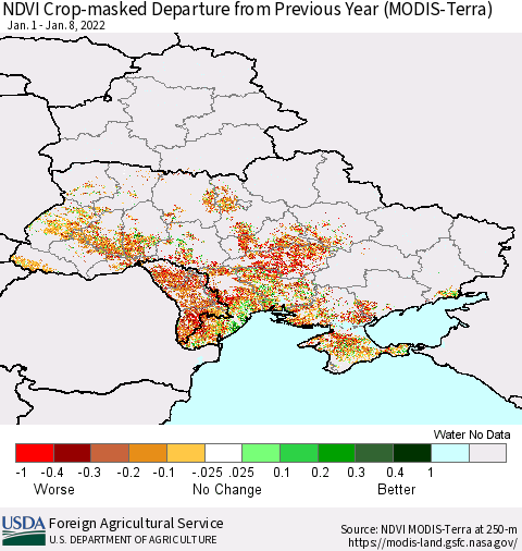 Ukraine, Moldova and Belarus Cropland NDVI Departure from Previous Year (Terra-MODIS) Thematic Map For 1/1/2022 - 1/10/2022