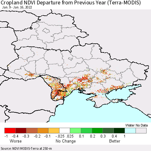 Ukraine, Moldova and Belarus Cropland NDVI Departure from Previous Year (Terra-MODIS) Thematic Map For 1/9/2022 - 1/16/2022