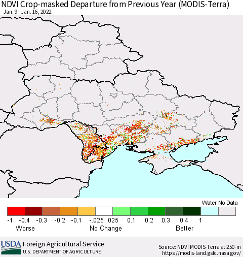 Ukraine, Moldova and Belarus Cropland NDVI Departure from Previous Year (Terra-MODIS) Thematic Map For 1/11/2022 - 1/20/2022