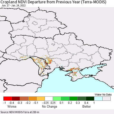 Ukraine, Moldova and Belarus Cropland NDVI Departure from Previous Year (Terra-MODIS) Thematic Map For 1/17/2022 - 1/24/2022