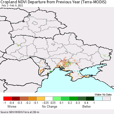 Ukraine, Moldova and Belarus Cropland NDVI Departure from Previous Year (Terra-MODIS) Thematic Map For 2/2/2022 - 2/9/2022