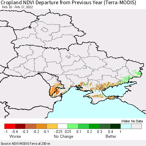 Ukraine, Moldova and Belarus Cropland NDVI Departure from Previous Year (Terra-MODIS) Thematic Map For 2/10/2022 - 2/17/2022