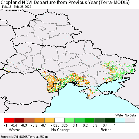 Ukraine, Moldova and Belarus Cropland NDVI Departure from Previous Year (Terra-MODIS) Thematic Map For 2/18/2022 - 2/25/2022
