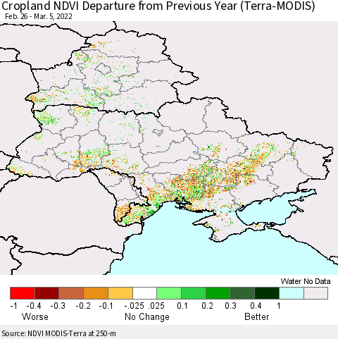 Ukraine, Moldova and Belarus Cropland NDVI Departure from Previous Year (Terra-MODIS) Thematic Map For 2/26/2022 - 3/5/2022