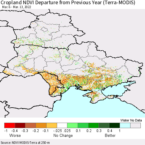 Ukraine, Moldova and Belarus Cropland NDVI Departure from Previous Year (Terra-MODIS) Thematic Map For 3/6/2022 - 3/13/2022