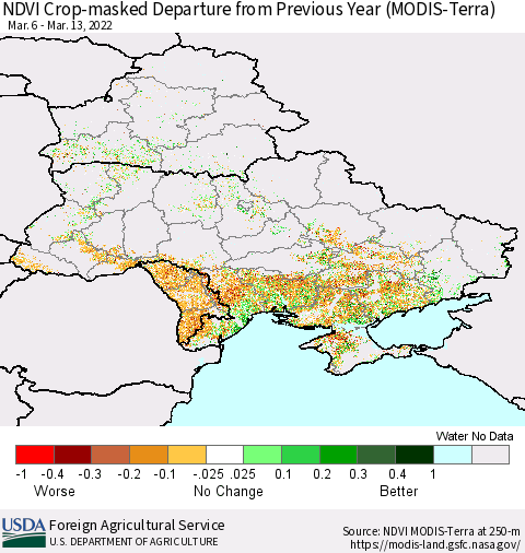 Ukraine, Moldova and Belarus Cropland NDVI Departure from Previous Year (Terra-MODIS) Thematic Map For 3/11/2022 - 3/20/2022