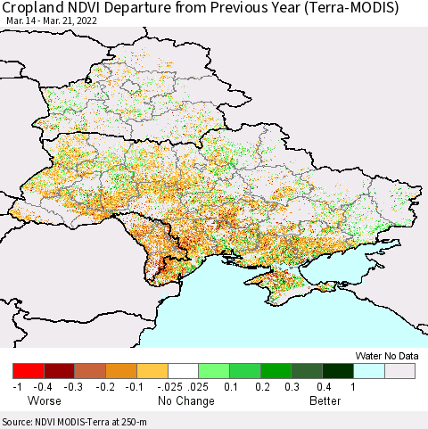 Ukraine, Moldova and Belarus Cropland NDVI Departure from Previous Year (Terra-MODIS) Thematic Map For 3/14/2022 - 3/21/2022