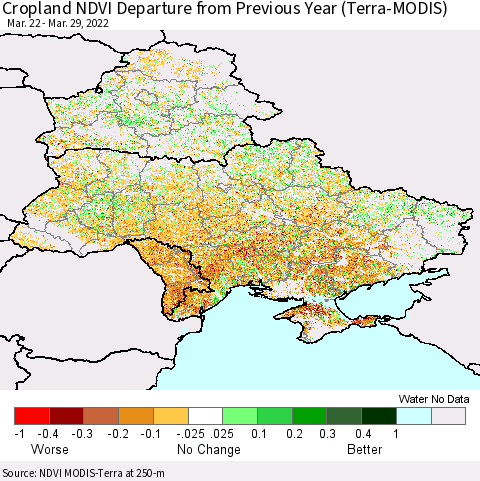 Ukraine, Moldova and Belarus Cropland NDVI Departure from Previous Year (Terra-MODIS) Thematic Map For 3/22/2022 - 3/29/2022