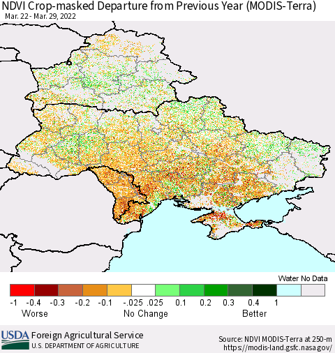 Ukraine, Moldova and Belarus Cropland NDVI Departure from Previous Year (Terra-MODIS) Thematic Map For 3/21/2022 - 3/31/2022