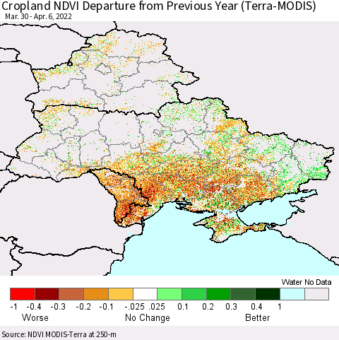 Ukraine, Moldova and Belarus Cropland NDVI Departure from Previous Year (Terra-MODIS) Thematic Map For 3/30/2022 - 4/6/2022