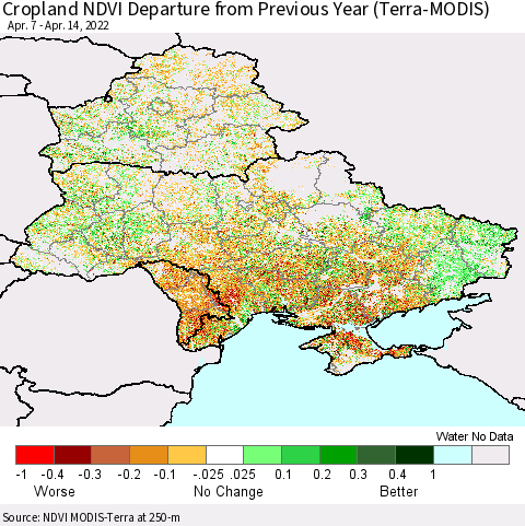 Ukraine, Moldova and Belarus Cropland NDVI Departure from Previous Year (Terra-MODIS) Thematic Map For 4/7/2022 - 4/14/2022