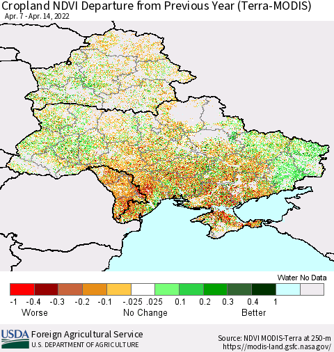 Ukraine, Moldova and Belarus Cropland NDVI Departure from Previous Year (Terra-MODIS) Thematic Map For 4/11/2022 - 4/20/2022