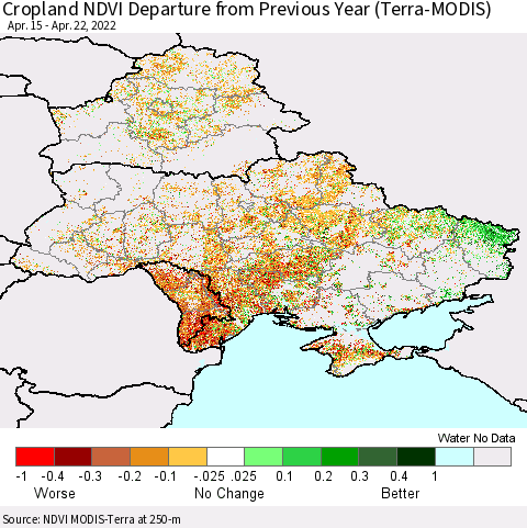 Ukraine, Moldova and Belarus Cropland NDVI Departure from Previous Year (Terra-MODIS) Thematic Map For 4/15/2022 - 4/22/2022
