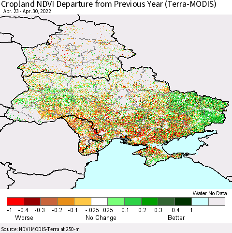 Ukraine, Moldova and Belarus Cropland NDVI Departure from Previous Year (Terra-MODIS) Thematic Map For 4/21/2022 - 4/30/2022
