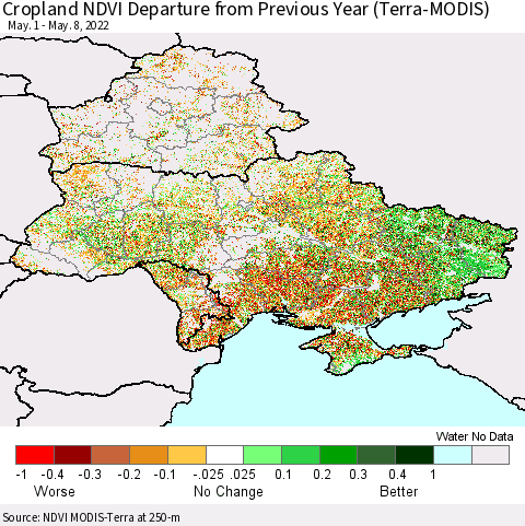 Ukraine, Moldova and Belarus Cropland NDVI Departure from Previous Year (Terra-MODIS) Thematic Map For 5/1/2022 - 5/8/2022