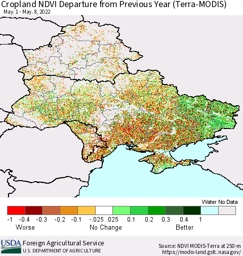 Ukraine, Moldova and Belarus Cropland NDVI Departure from Previous Year (Terra-MODIS) Thematic Map For 5/1/2022 - 5/10/2022