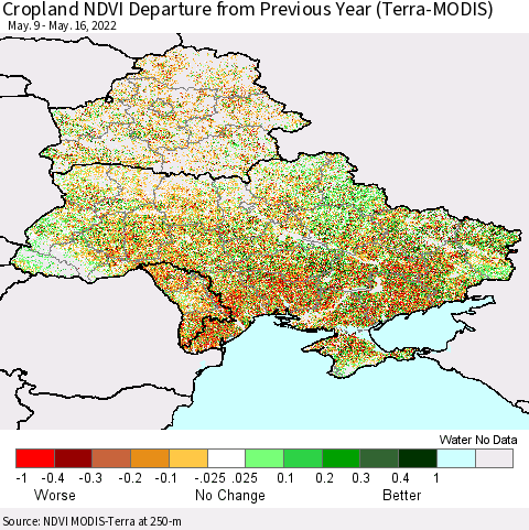 Ukraine, Moldova and Belarus Cropland NDVI Departure from Previous Year (Terra-MODIS) Thematic Map For 5/9/2022 - 5/16/2022