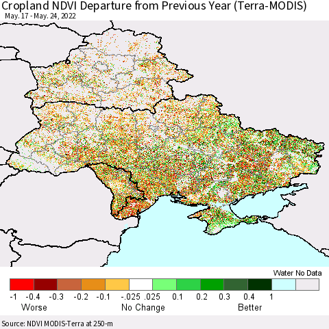 Ukraine, Moldova and Belarus Cropland NDVI Departure from Previous Year (Terra-MODIS) Thematic Map For 5/17/2022 - 5/24/2022