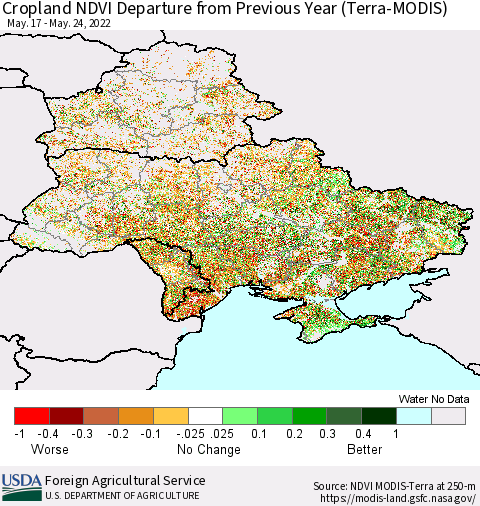 Ukraine, Moldova and Belarus Cropland NDVI Departure from Previous Year (Terra-MODIS) Thematic Map For 5/21/2022 - 5/31/2022
