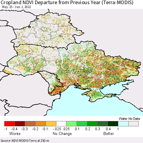 Ukraine, Moldova and Belarus Cropland NDVI Departure from Previous Year (Terra-MODIS) Thematic Map For 5/25/2022 - 6/1/2022