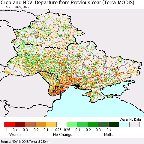 Ukraine, Moldova and Belarus Cropland NDVI Departure from Previous Year (Terra-MODIS) Thematic Map For 6/2/2022 - 6/9/2022