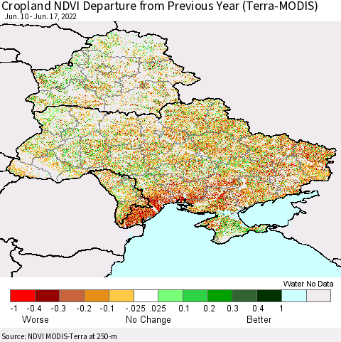 Ukraine, Moldova and Belarus Cropland NDVI Departure from Previous Year (Terra-MODIS) Thematic Map For 6/10/2022 - 6/17/2022