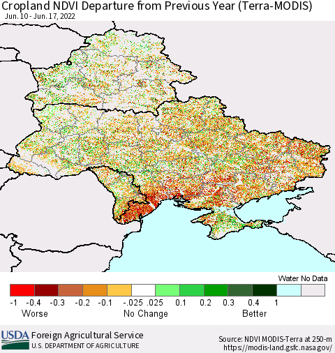 Ukraine, Moldova and Belarus Cropland NDVI Departure from Previous Year (Terra-MODIS) Thematic Map For 6/11/2022 - 6/20/2022