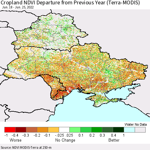 Ukraine, Moldova and Belarus Cropland NDVI Departure from Previous Year (Terra-MODIS) Thematic Map For 6/18/2022 - 6/25/2022