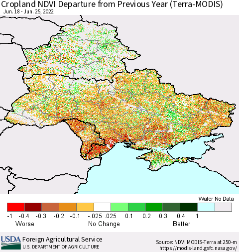Ukraine, Moldova and Belarus Cropland NDVI Departure from Previous Year (Terra-MODIS) Thematic Map For 6/21/2022 - 6/30/2022