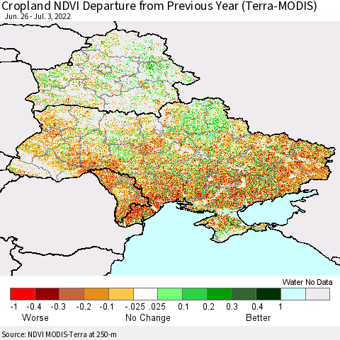 Ukraine, Moldova and Belarus Cropland NDVI Departure from Previous Year (Terra-MODIS) Thematic Map For 6/26/2022 - 7/3/2022