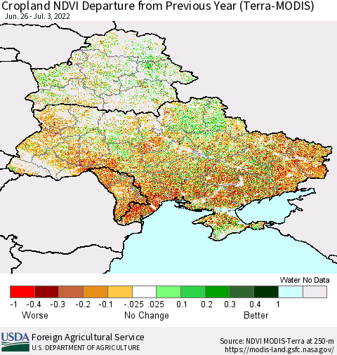 Ukraine, Moldova and Belarus Cropland NDVI Departure from Previous Year (Terra-MODIS) Thematic Map For 7/1/2022 - 7/10/2022