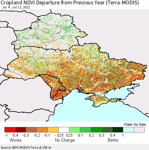 Ukraine, Moldova and Belarus Cropland NDVI Departure from Previous Year (Terra-MODIS) Thematic Map For 7/4/2022 - 7/11/2022