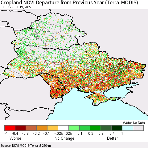 Ukraine, Moldova and Belarus Cropland NDVI Departure from Previous Year (Terra-MODIS) Thematic Map For 7/12/2022 - 7/19/2022