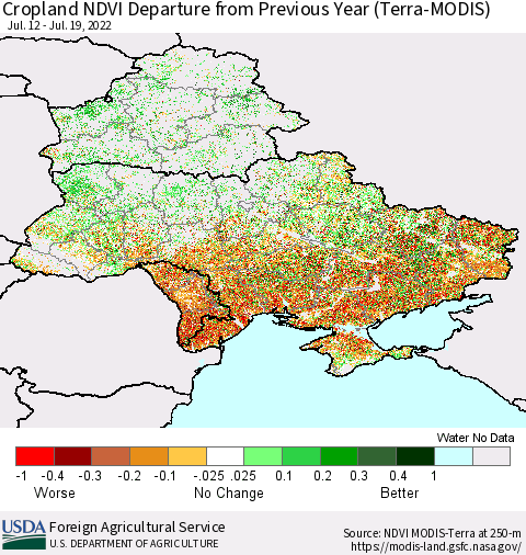 Ukraine, Moldova and Belarus Cropland NDVI Departure from Previous Year (Terra-MODIS) Thematic Map For 7/11/2022 - 7/20/2022
