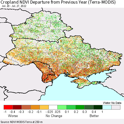 Ukraine, Moldova and Belarus Cropland NDVI Departure from Previous Year (Terra-MODIS) Thematic Map For 7/20/2022 - 7/27/2022